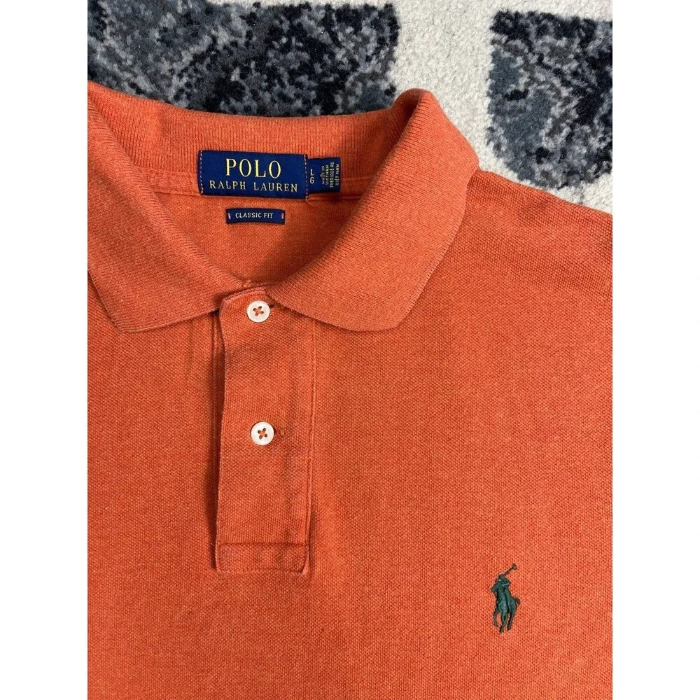 POLO RALPH LAUREN Polo Shirt Orange With Green Logo SZ LARGE Slim Fit